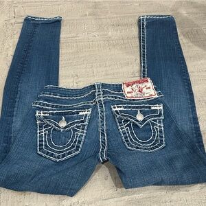 True Religion Women's Dark Blue Jeans with white stitching